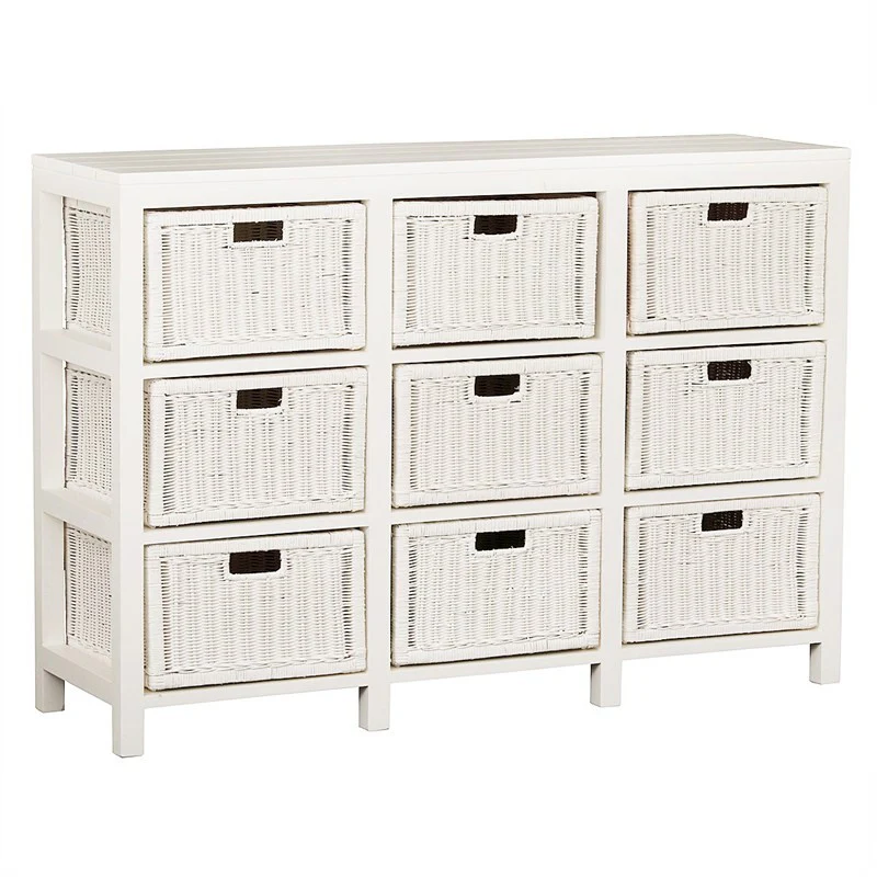 Coastal Living 9 Drawer Rattan Cabinet Basket Storage Unit 136 cm Chest of Drawers TEK168 SB-009-RT ( White Colour )