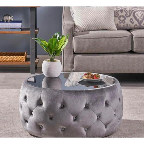 OLIVE Tufted Velvet Coffee Table with Glass Top - Image 2